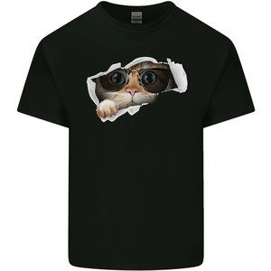 A Funny Cat Peeking From a Ripped Top Mens Cotton T-Shirt Tee Top
